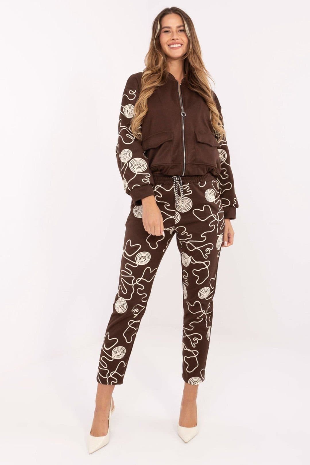 Love Lace Love Lace Women's Zip Hoodie Trackpants Set with Embroidery in Brown