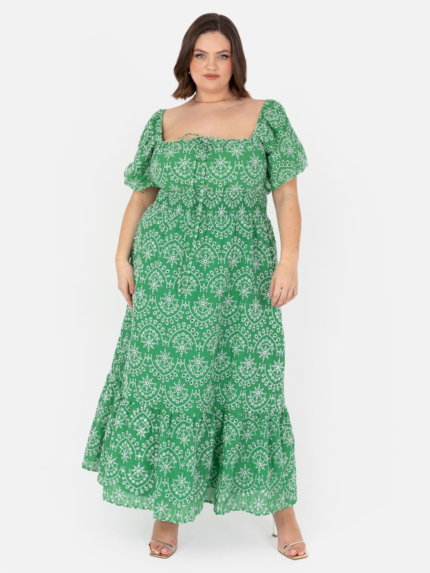 Lovedrobe Lovedrobe Women's Broderie Tie Neck Midaxi Dress in Green
