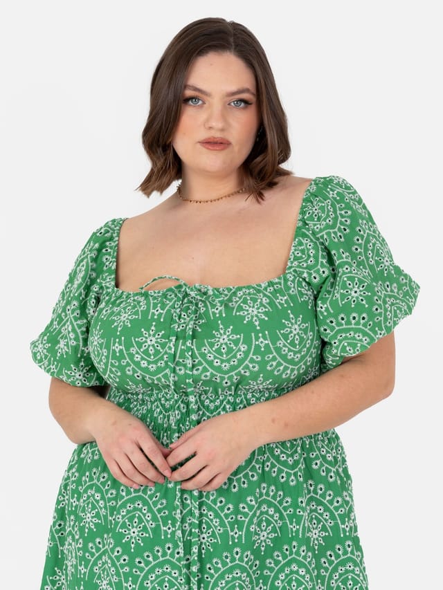 Lovedrobe Lovedrobe Women's Broderie Tie Neck Midaxi Dress in Green - 2