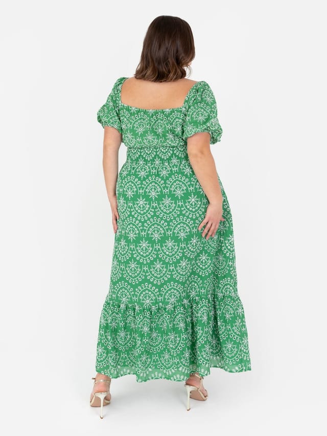 Lovedrobe Lovedrobe Women's Broderie Tie Neck Midaxi Dress in Green - 3