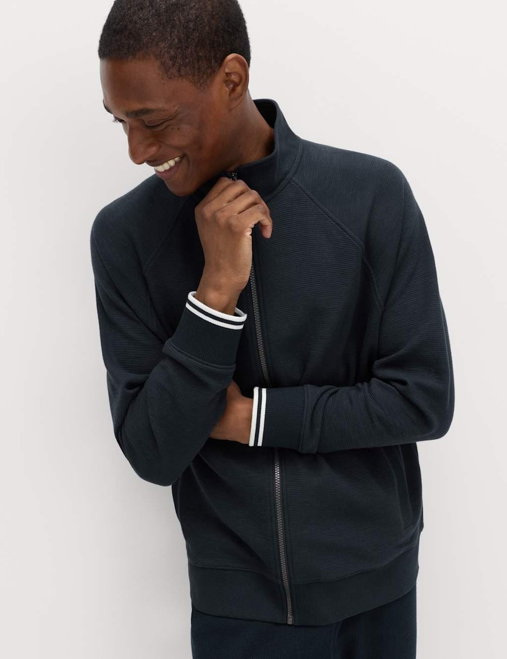 Marks & Spencer M&S Cotton Rich Rib Zip Up Loungewear Top Navy