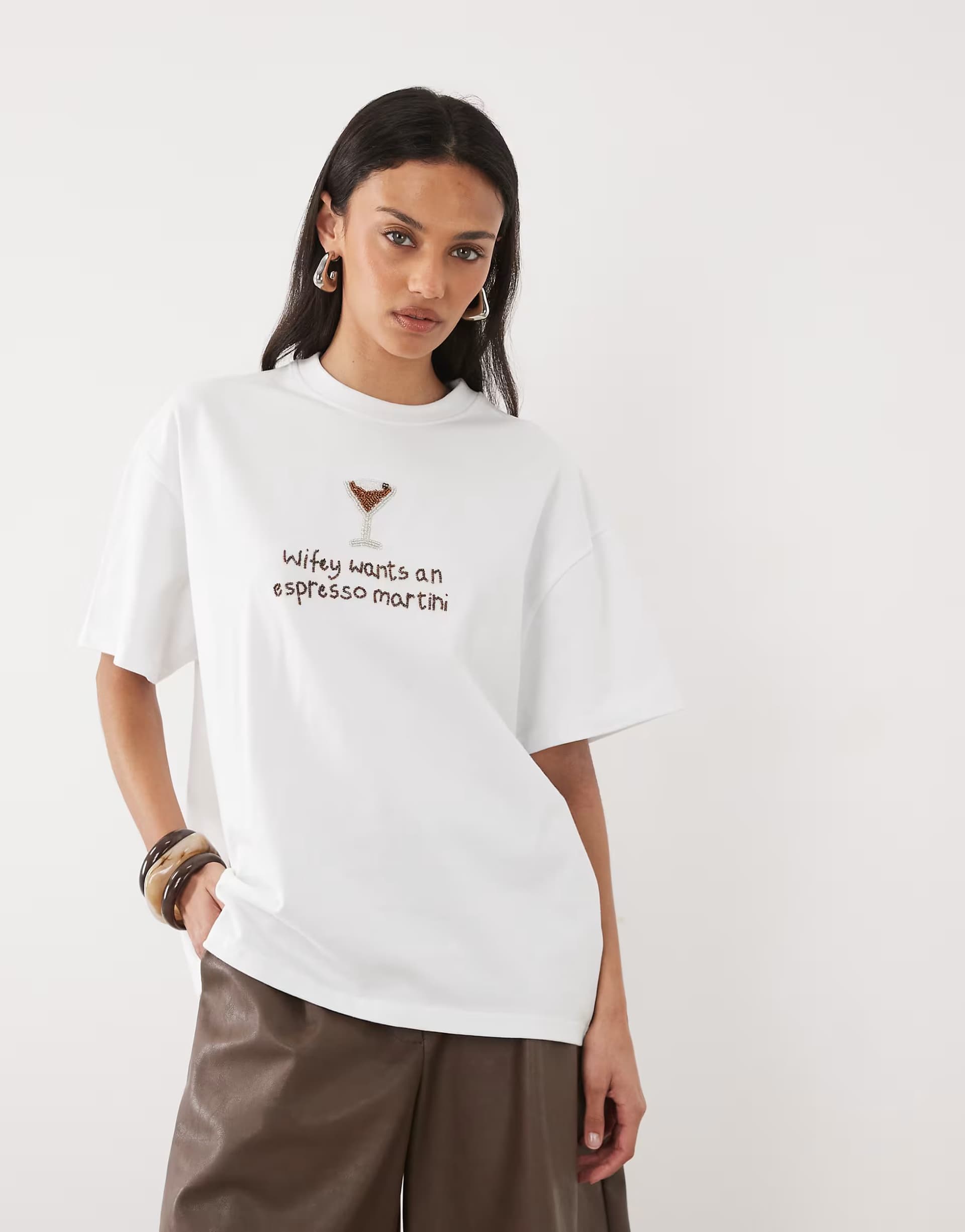 ASOS Six Stories Bridal embellished beaded ""wifey wants an espresso martini"" t-shirt in white
