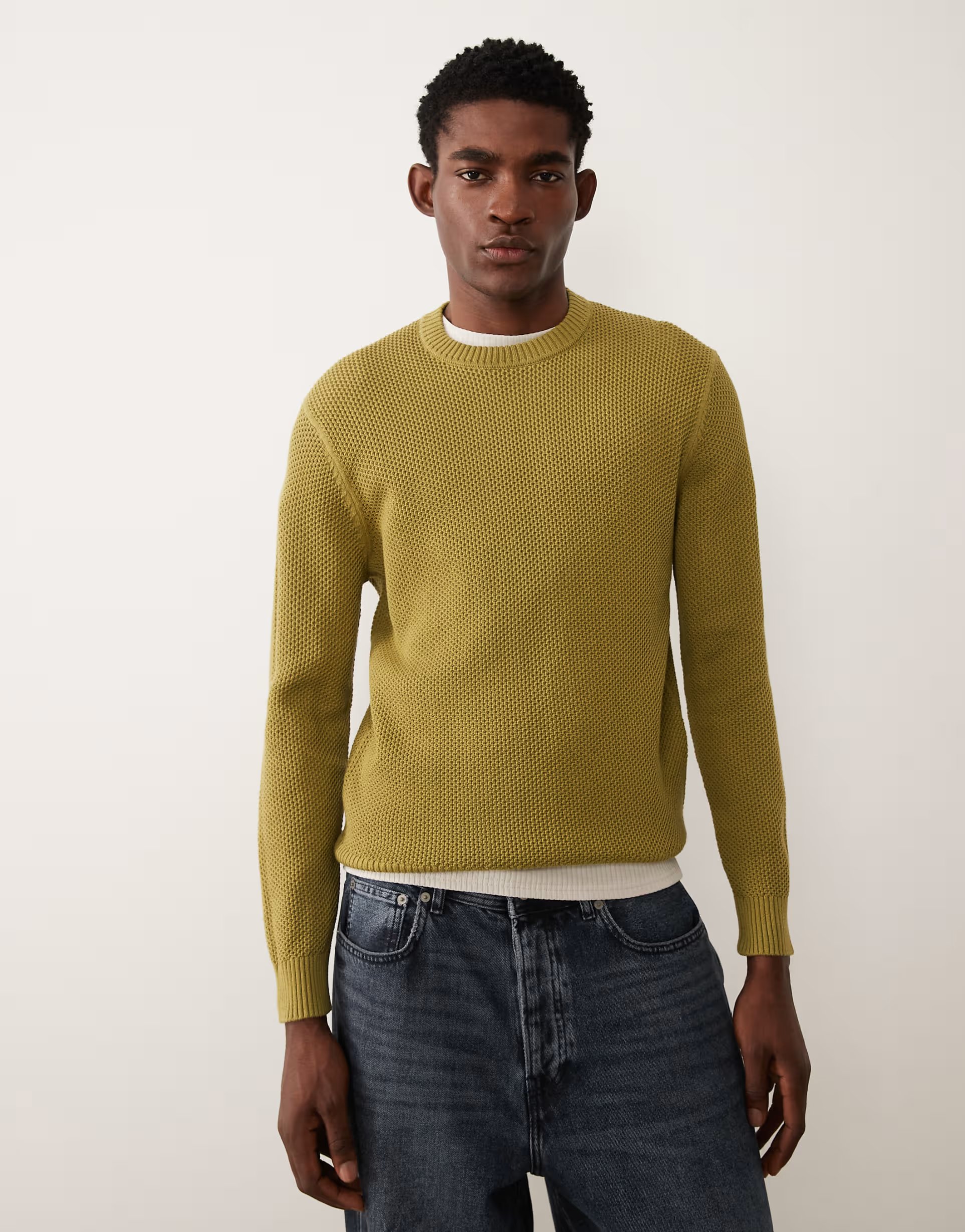 ASOS Mango waffle knit crew neck jumper in olive green - 1
