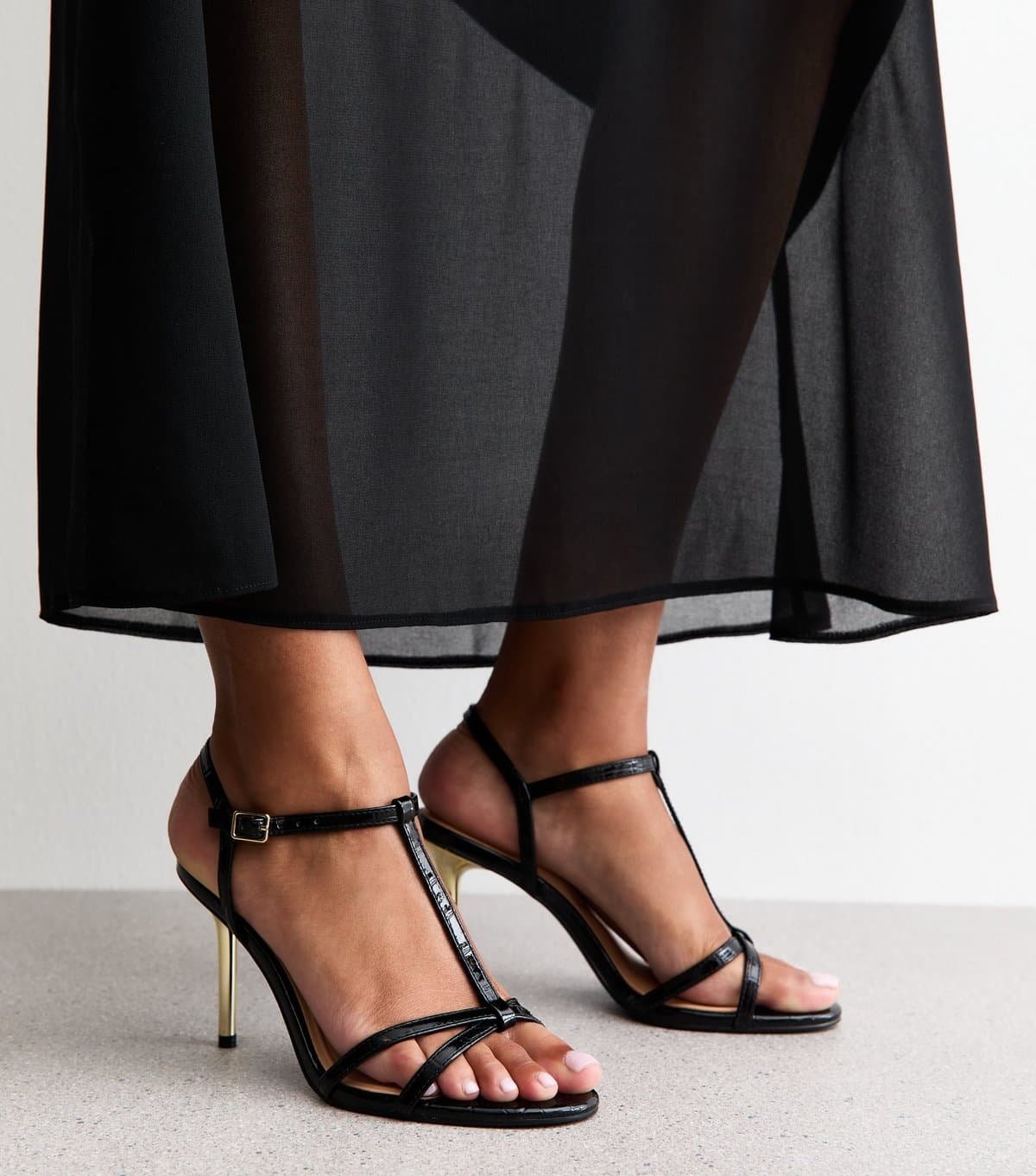 New Look New Look Black Faux Leather T-Bar Metallic Heel Stiletto Sandals