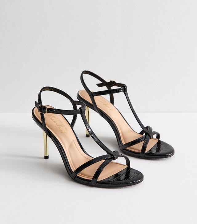New Look Women's Black Faux Leather T-Bar Metallic Heel Stiletto Sandals Vegan New Look - 2