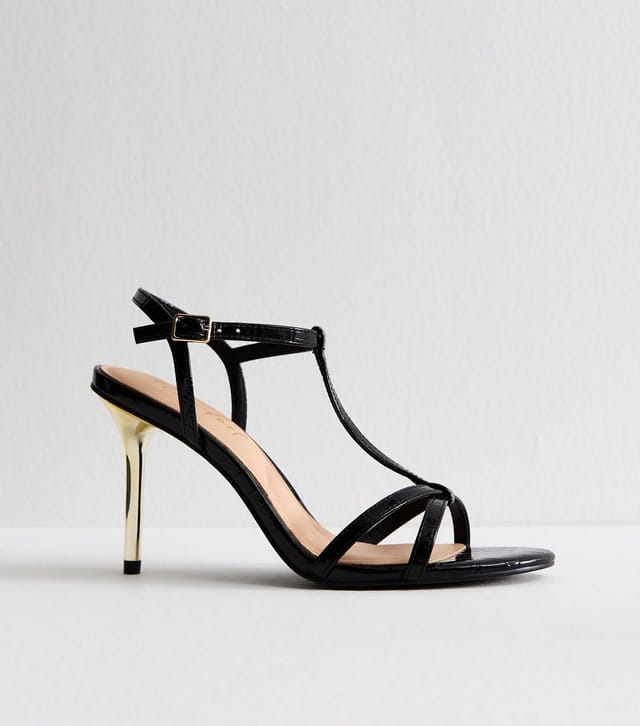 New Look Women's Black Faux Leather T-Bar Metallic Heel Stiletto Sandals Vegan New Look - 3