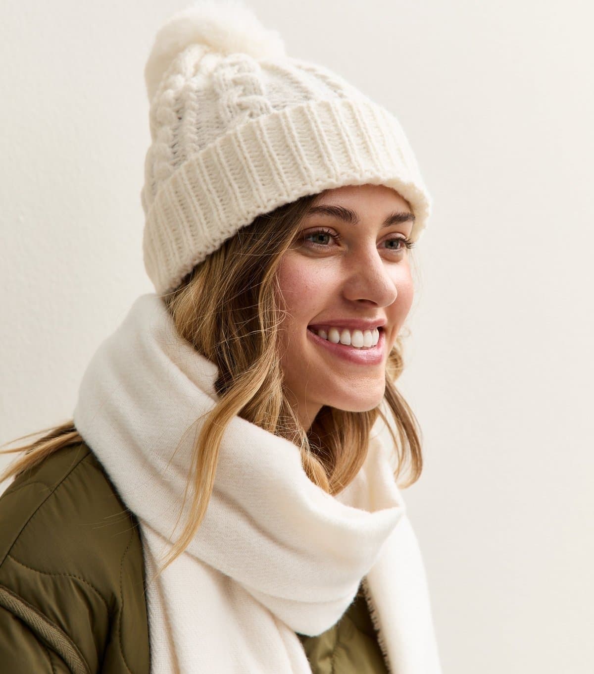 New Look Cream Cable Knit Faux Fur Pom Pom Bobble Hat New Look