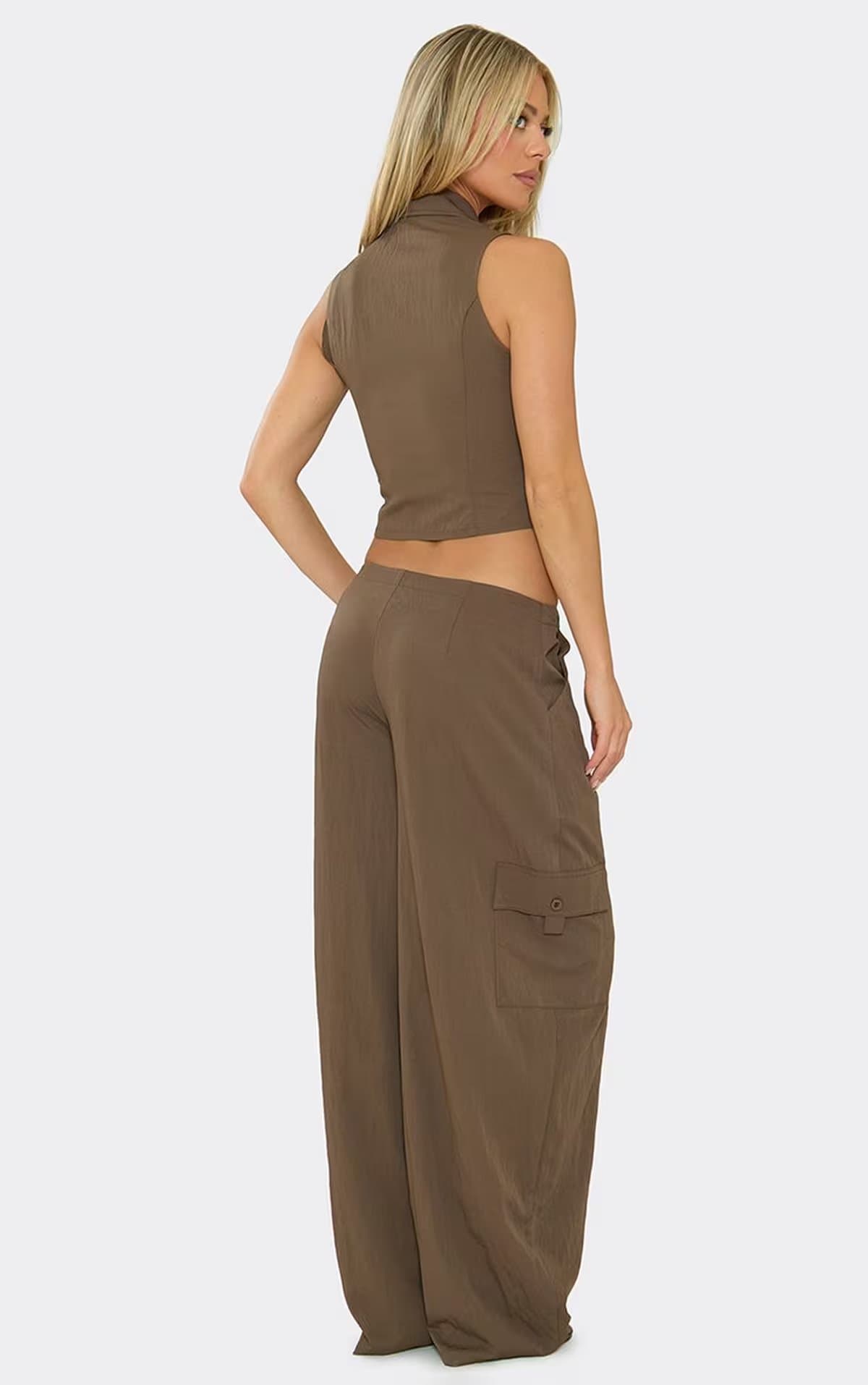 EGO Pocket Detail Wide Leg Cargo Trousers In Brown., Women's Size UK 6