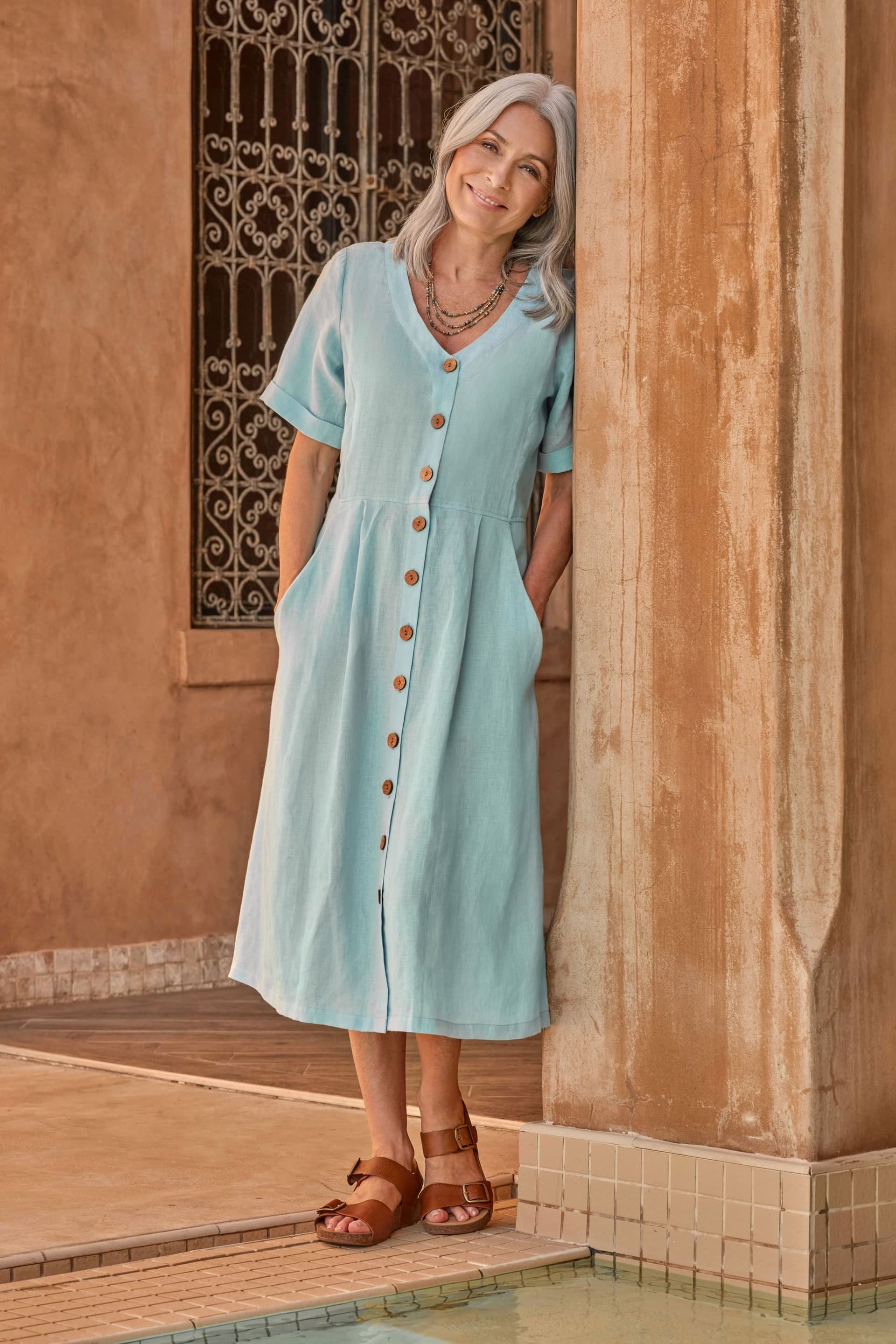 WoolOvers WoolOvers Women's Button Through Linen Dress in Blue