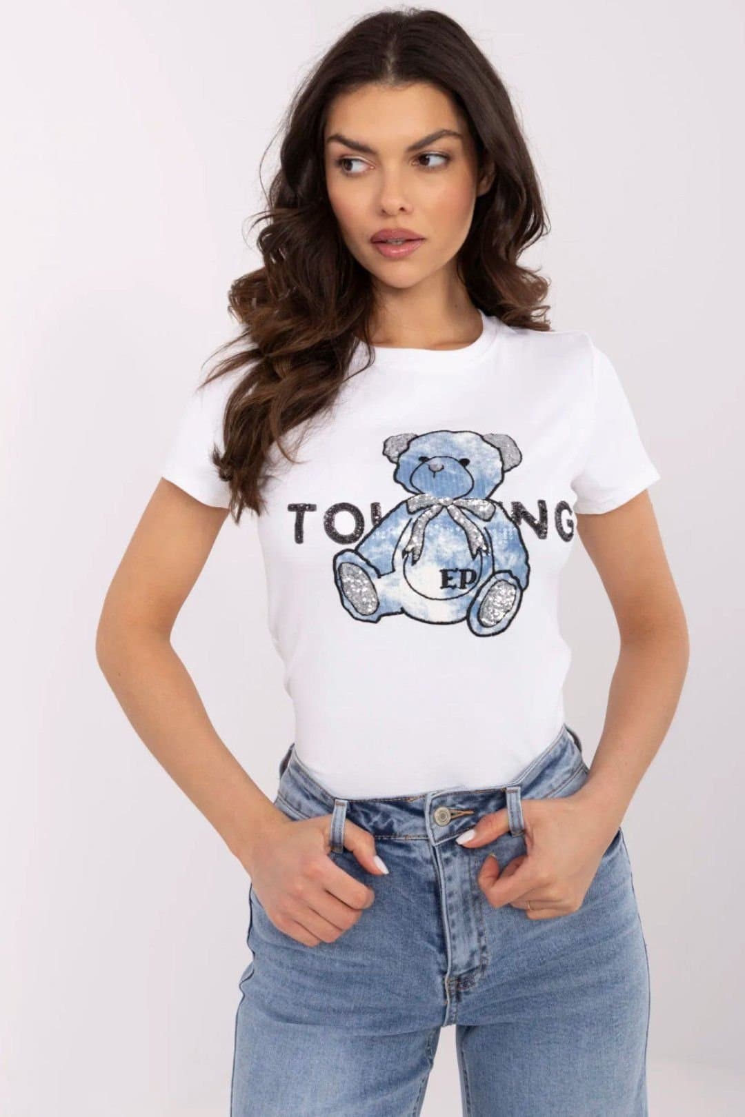 Love Lace Love Lace Women's Soft Cotton Round Neck Teddy Bear Sequin T-Shirt in White