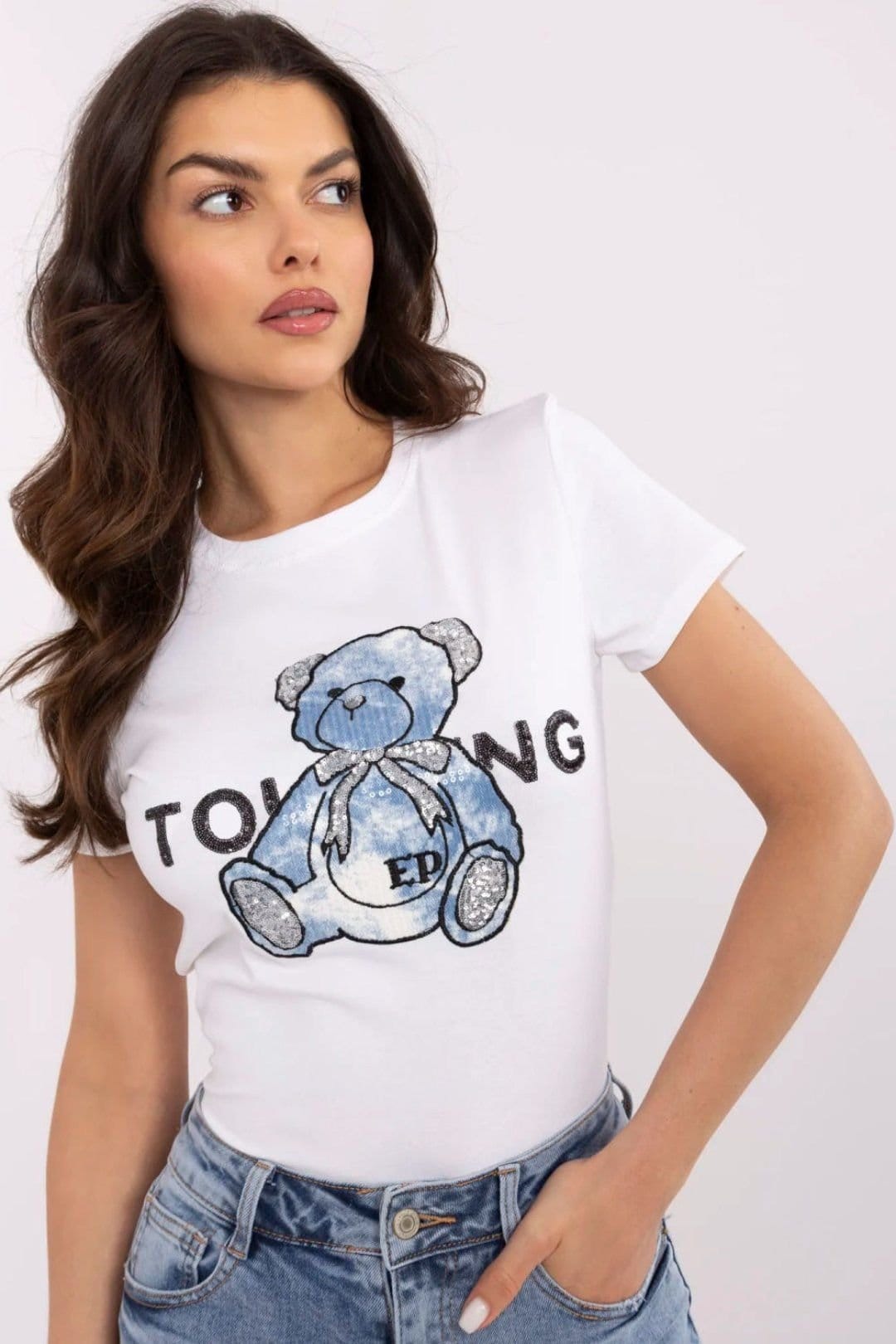 Love Lace Love Lace Women's Soft Cotton Round Neck Teddy Bear Sequin T-Shirt in White - 4