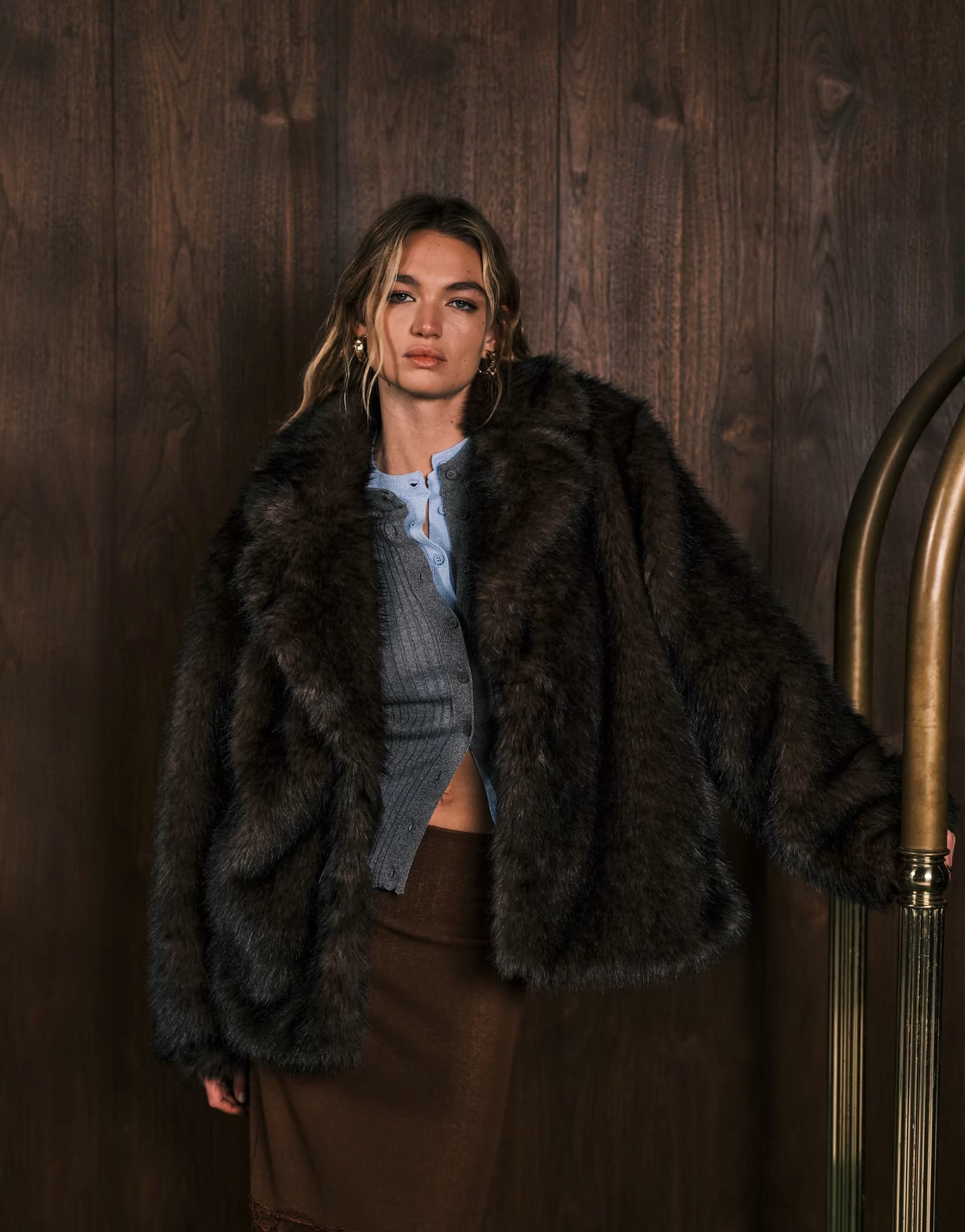 ASOS Monki oversized short faux fur coat with collar detail in dark chocolate brown