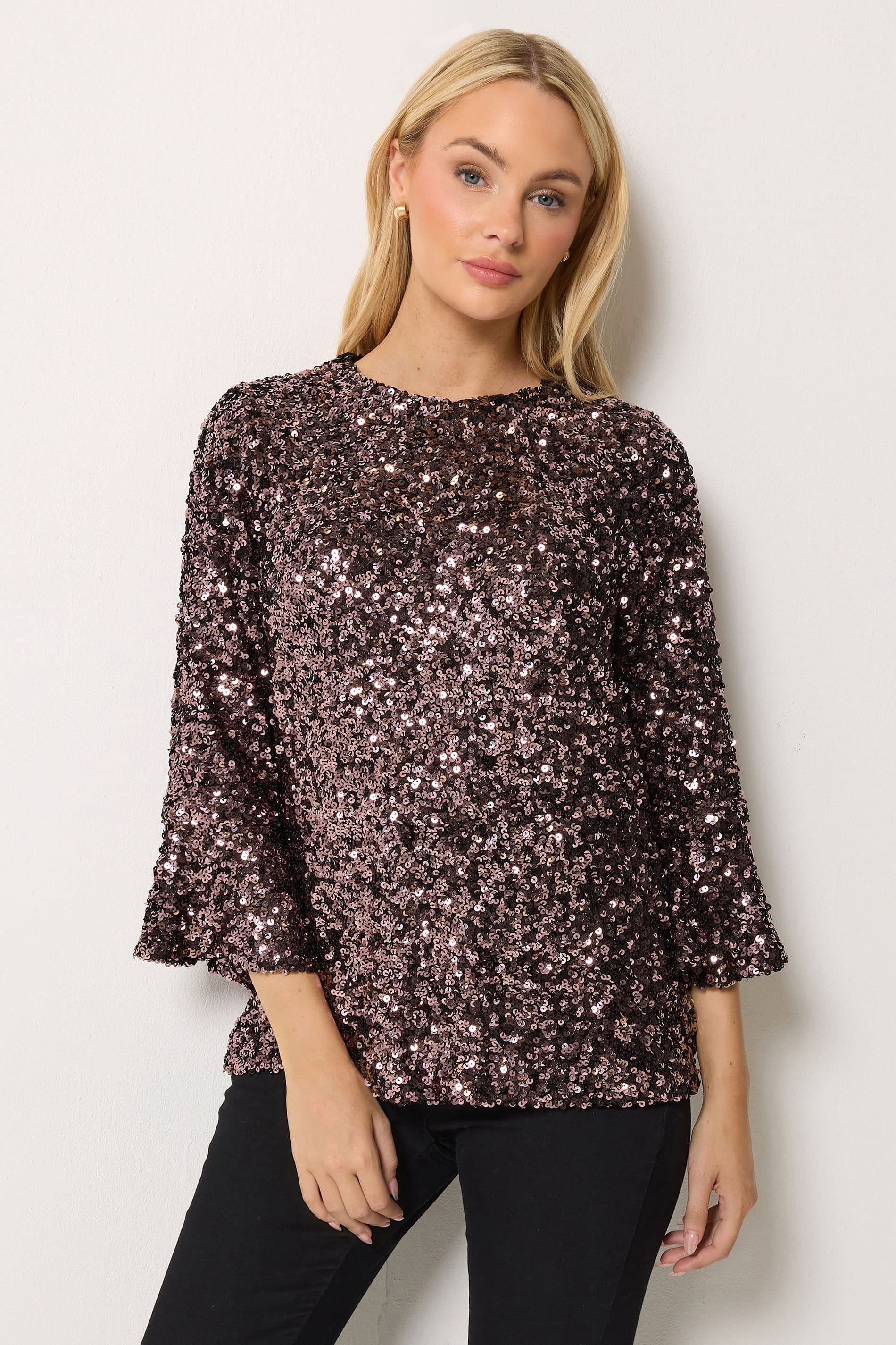 M&Co M&Co Women's Sequin Flute Sleeve Top in Chocolate