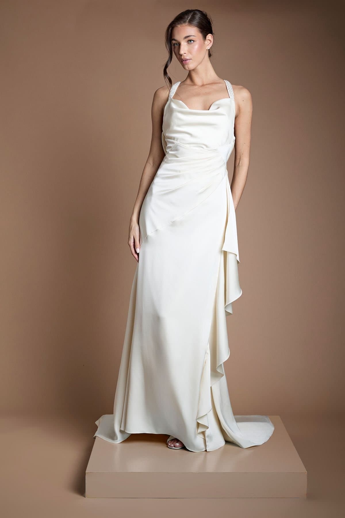 Coast Coast Women's Beaded Strap Cowl Neck Wedding Dress in Ivory