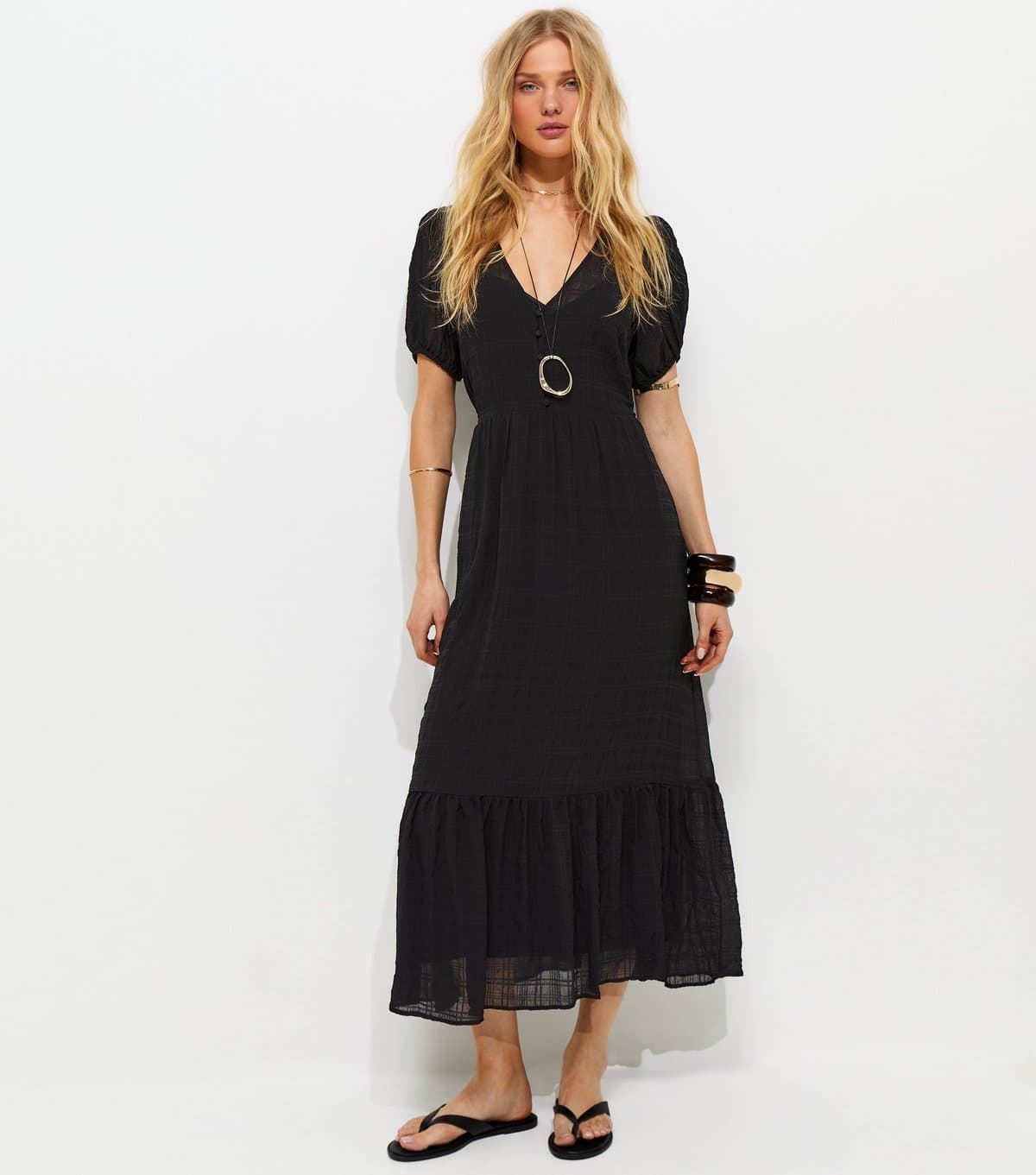 New Look Women's Black Checked Button Through Midi Dress New Look