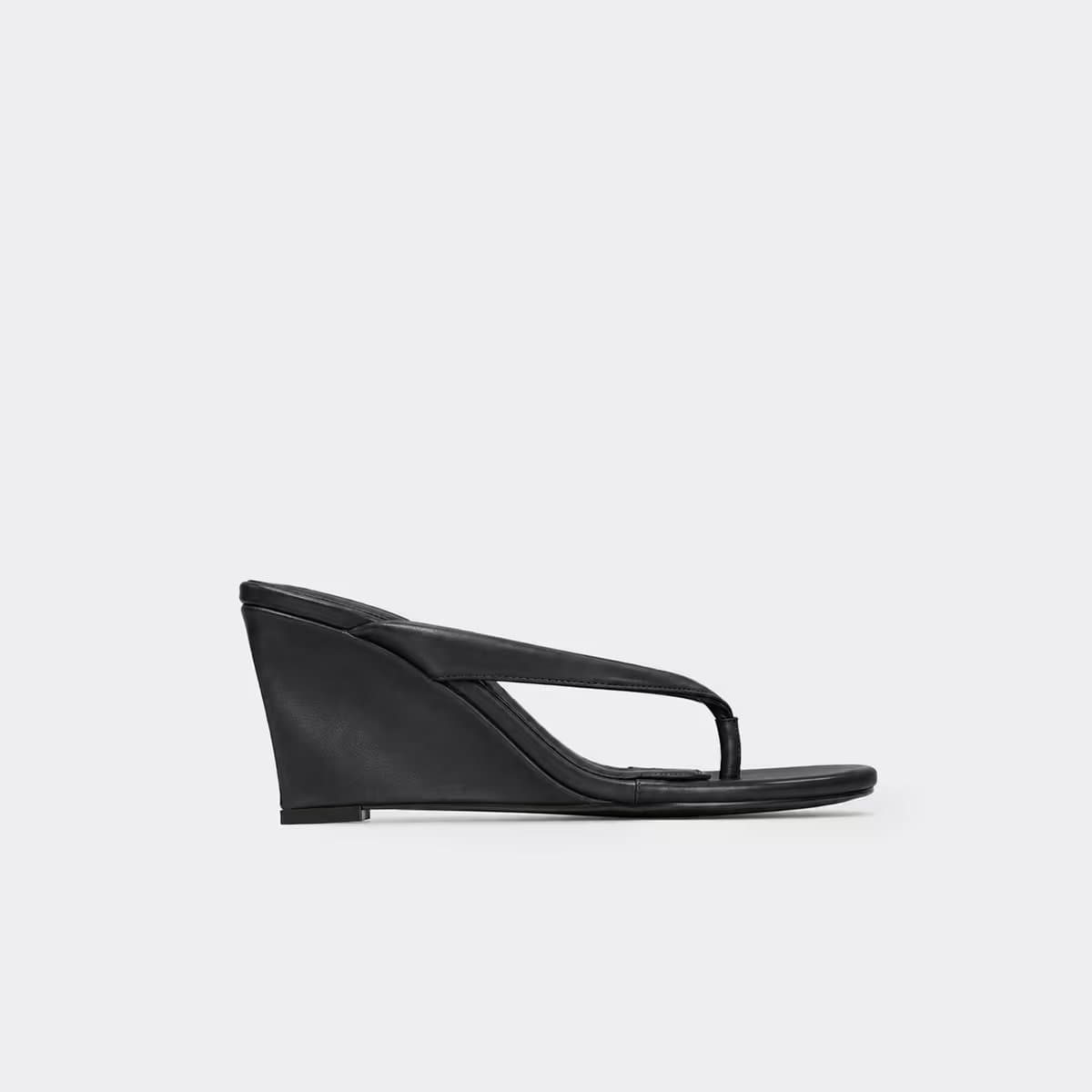 EGO Darya Thong Strap Wedge Heeled Mule In Black Faux Leather, Women's Size UK 3