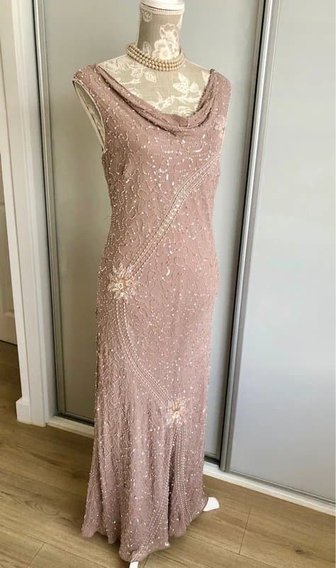 Jacques Vert Vintage Silk Cowl Neck Floral Beaded Evening Dress