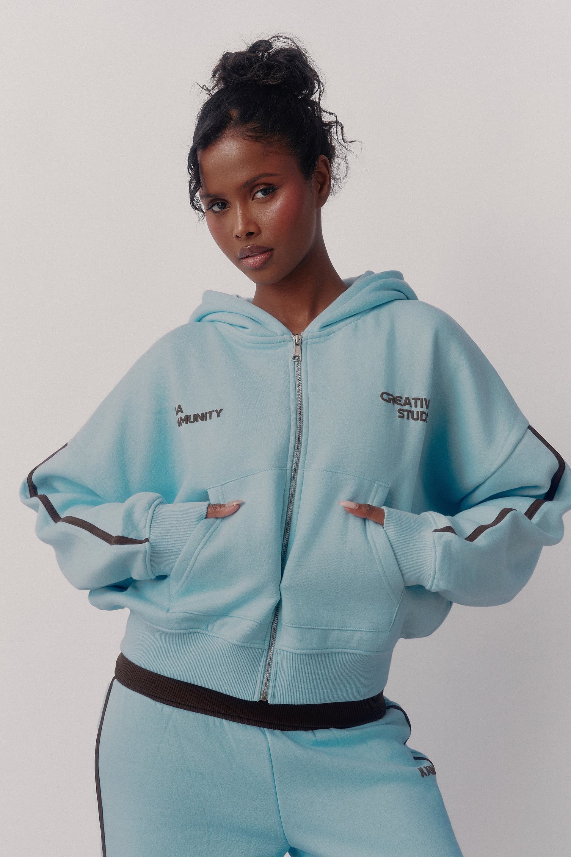 Kaiia Kaiia Sport Side Stripe Oversized Zip Through Hoodie Pale Blue & Chocolate