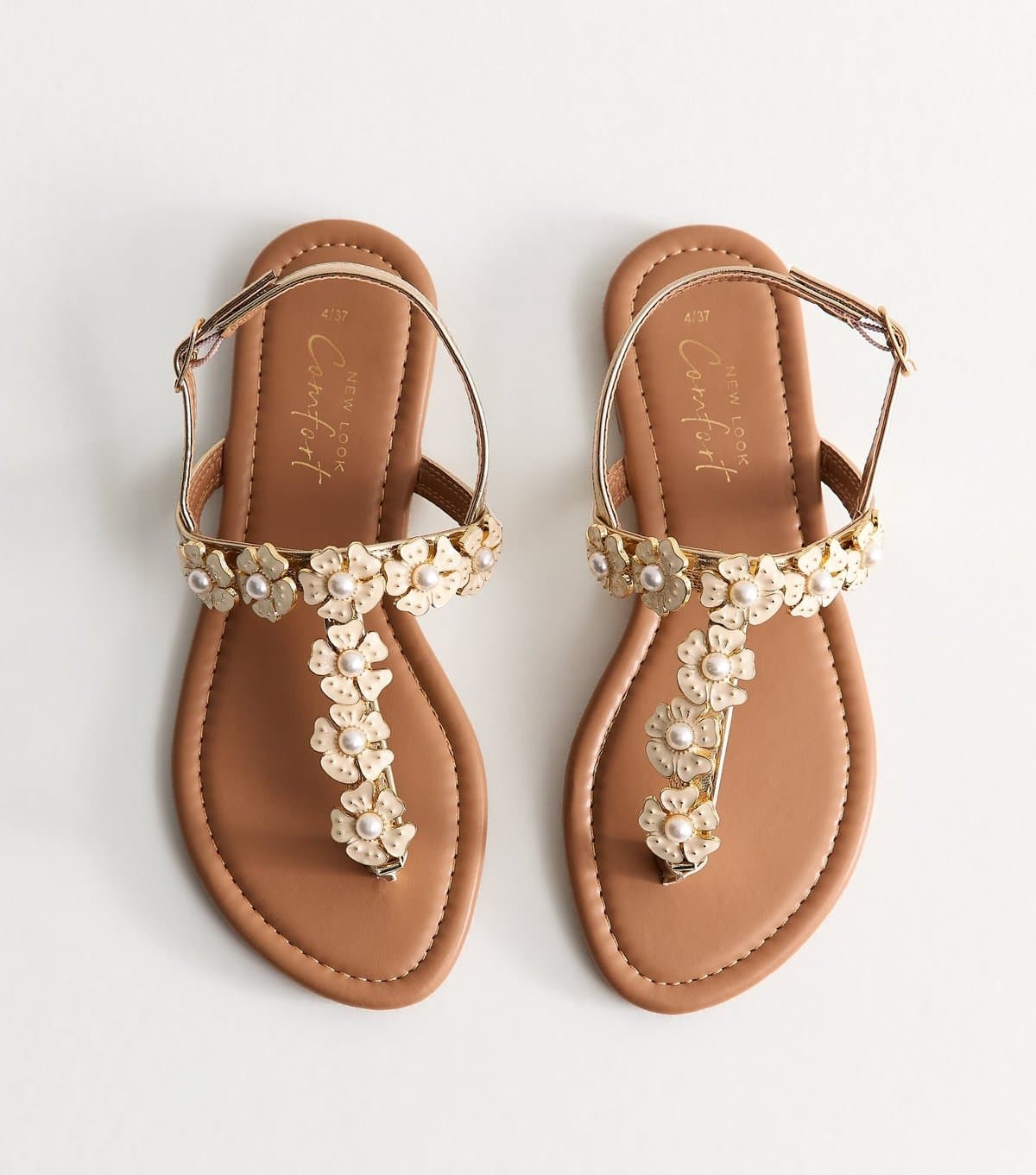 New Look Women's Off White Enamel Flower Toe Post Sandals Vegan New Look