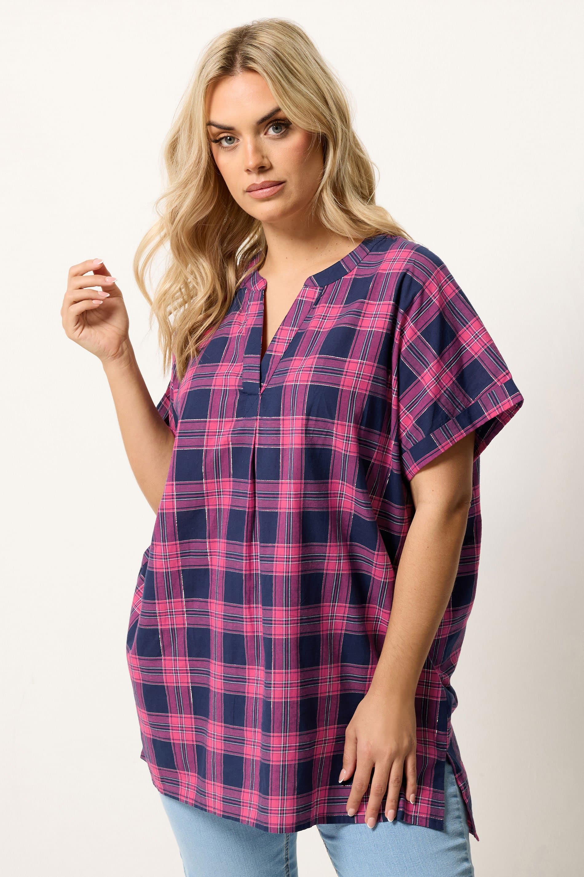 Yours Plus Size Pink Check Pleated Top
