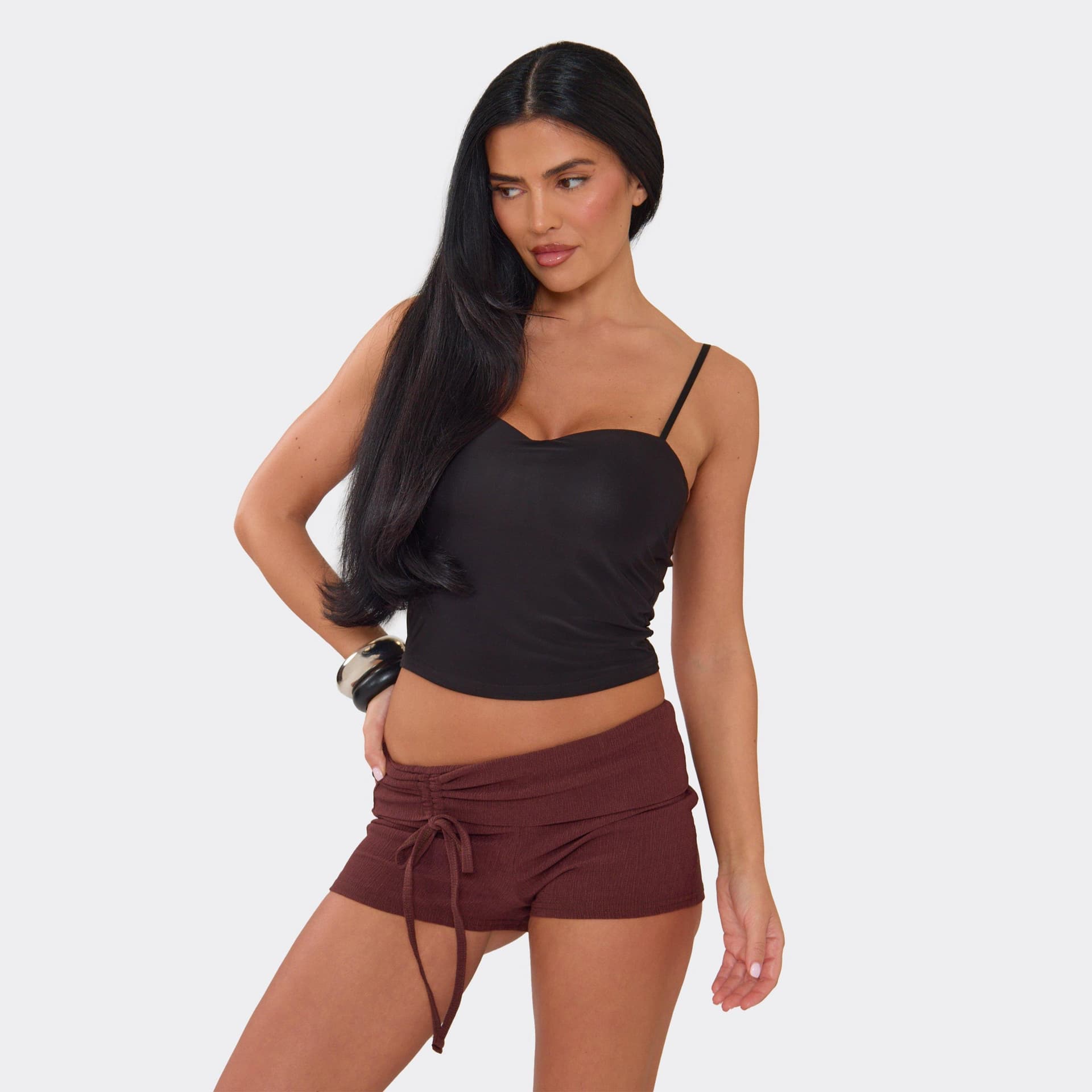 EGO Low Rise Fold Over Waistband Ruched Mini Shorts In Chocolate Brown Textured., Women's Size UK 6