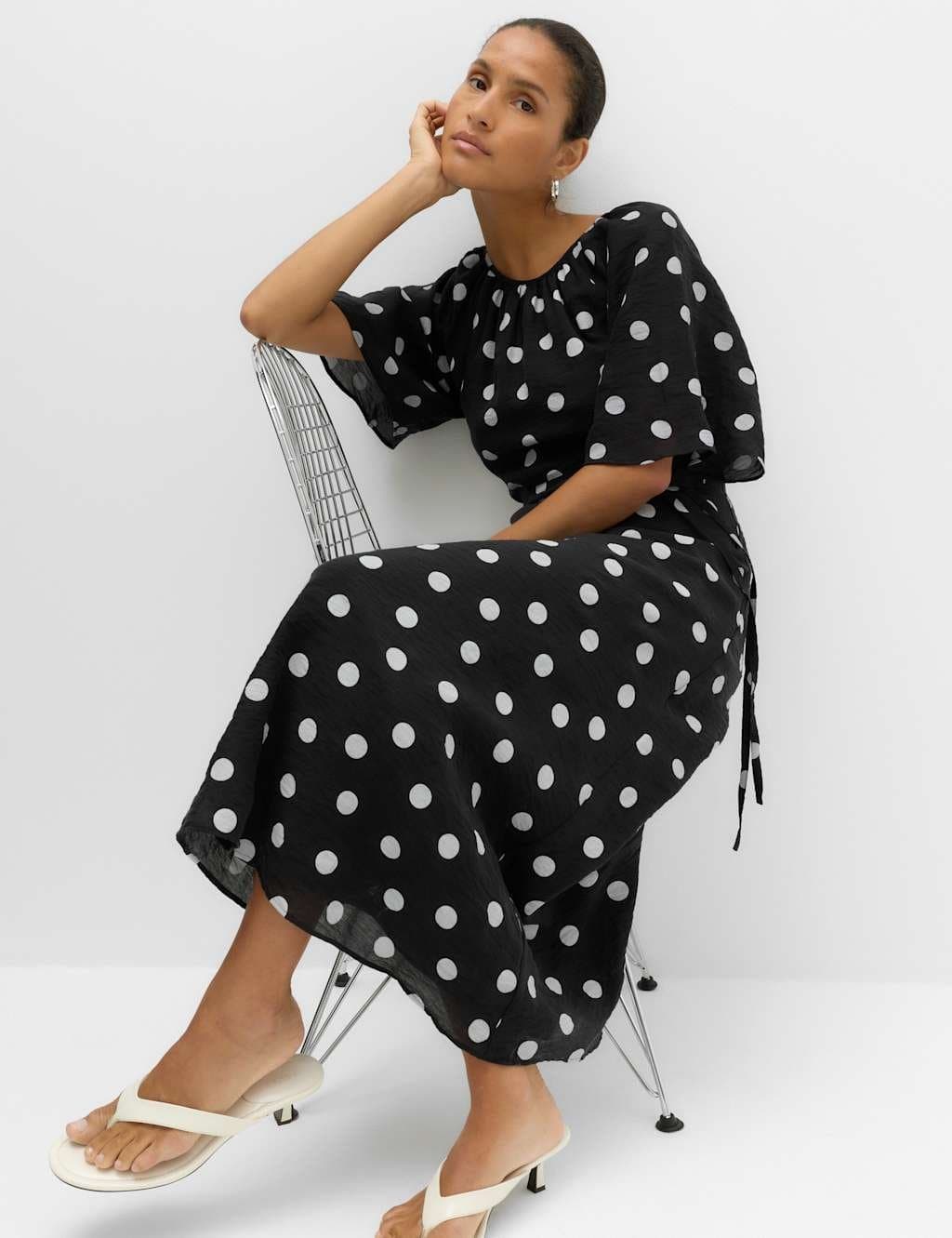 Marks & Spencer M&S Lyocell Rich Polka Dot Midi Waisted Dress Black Mix