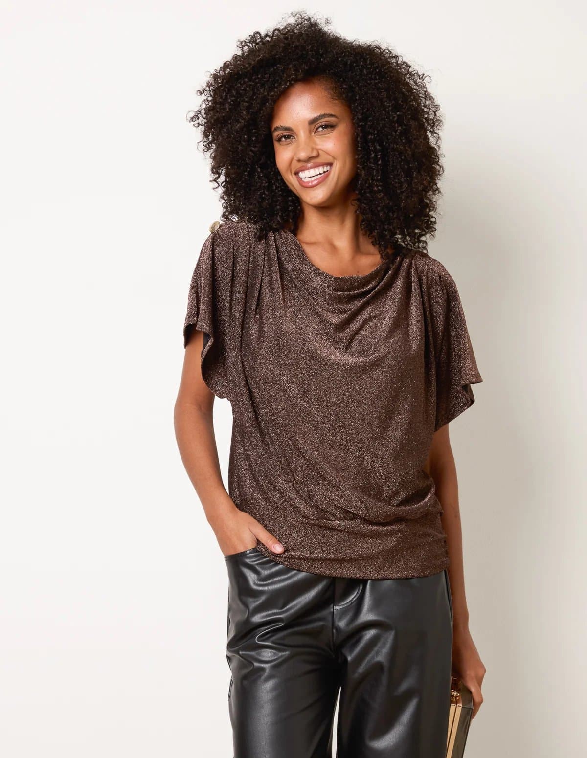 Blue Vanilla Button Detail Draped Cowl Neck Top