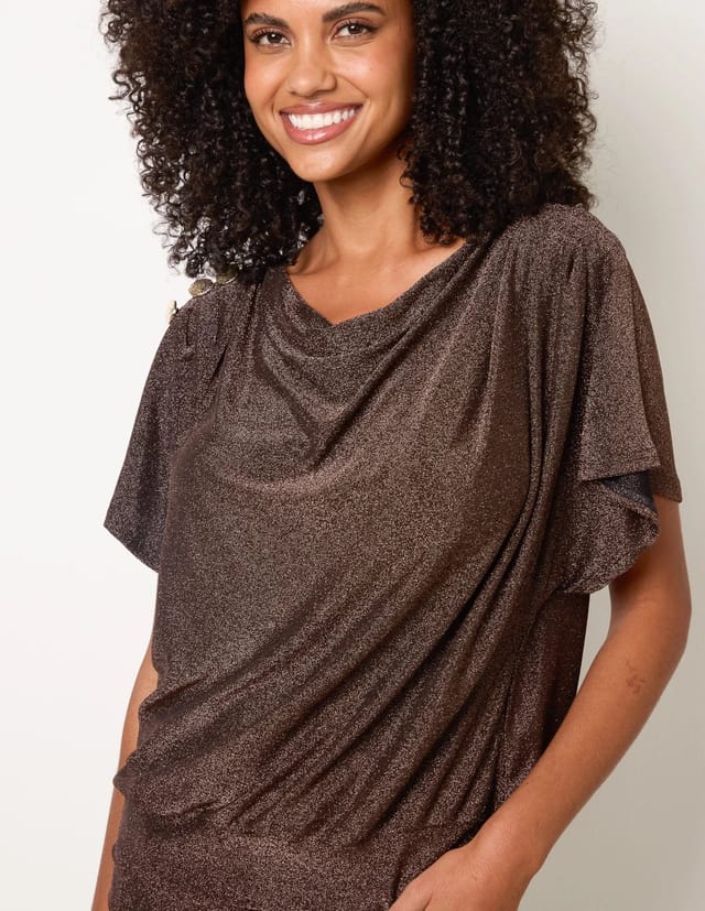 Blue Vanilla Button Detail Draped Cowl Neck Top - 3