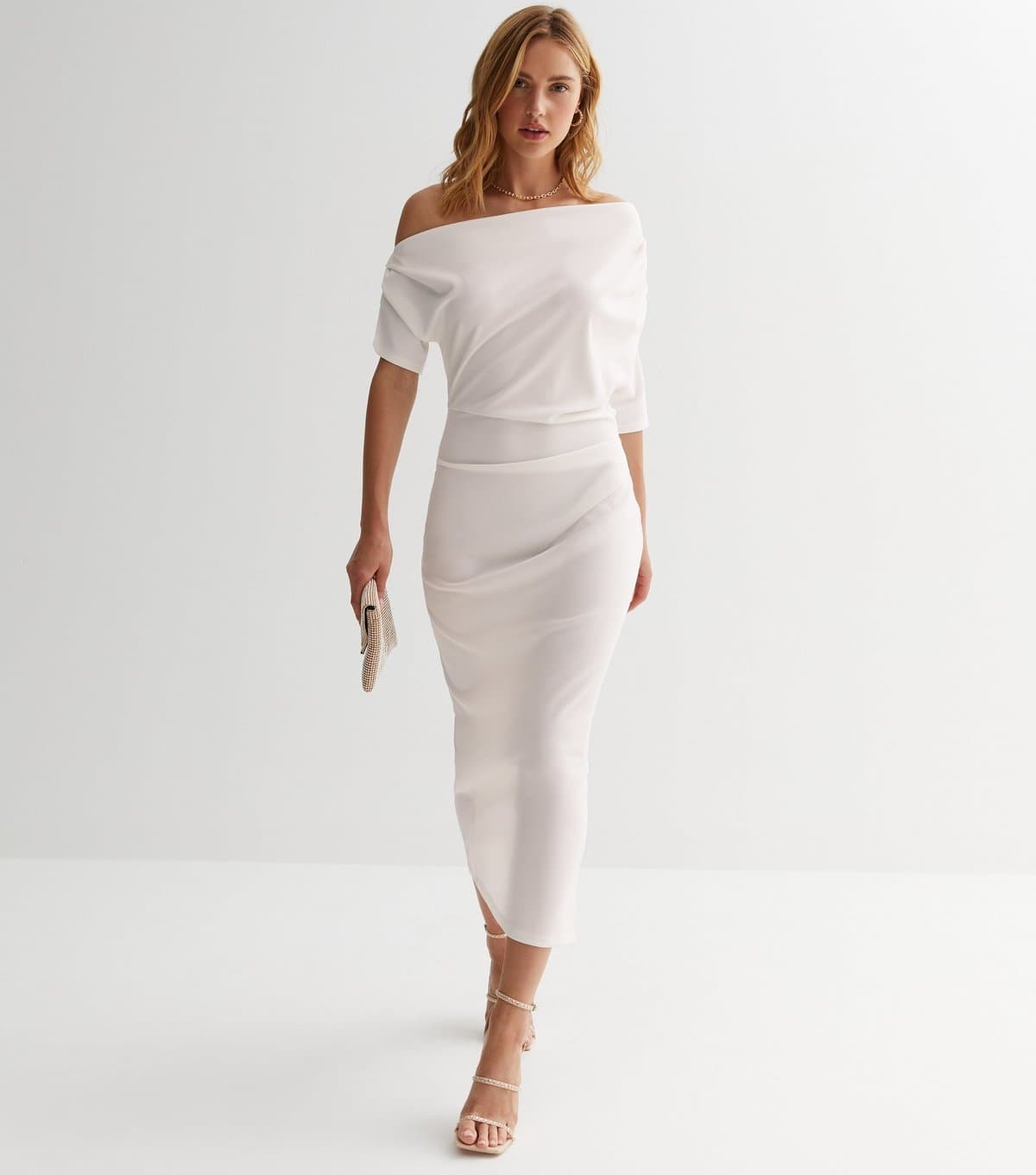 New Look Women's Off White Scuba Asymmetric Ruched Midi Dress New Look