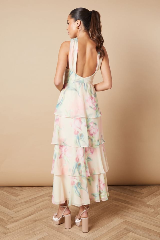 Oasis Oasis Women's Floral Printed Halter Neck Chiffon Tiered Maxi Dress in Ivory - 3