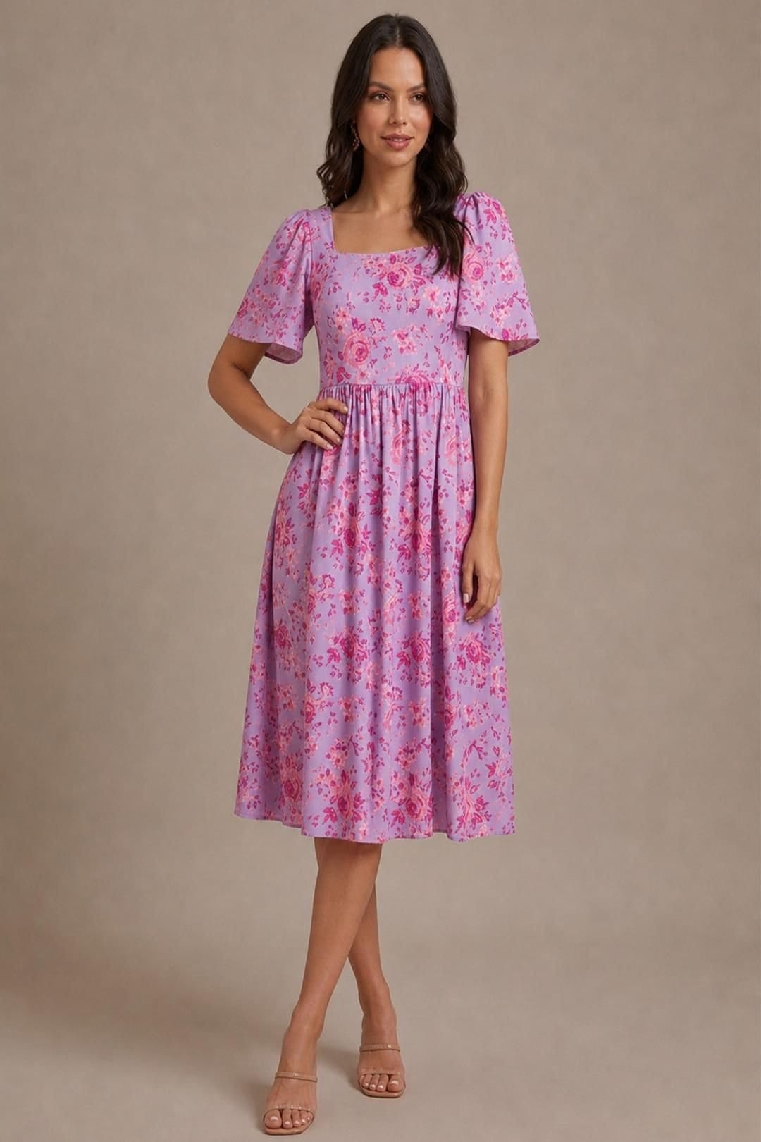 Chi Chi London Women's Square Neck Ditsy Floral Midi Dress in Purple