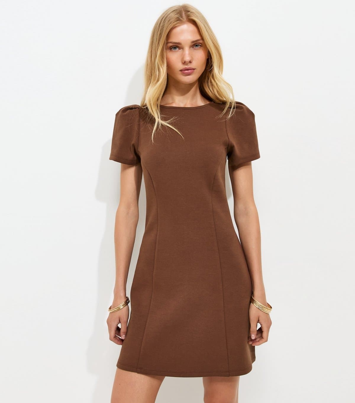 New Look Women's Dark Brown Cotton Rich Ponte Short Sleeve Structured Shoulder Mini Dress New Look