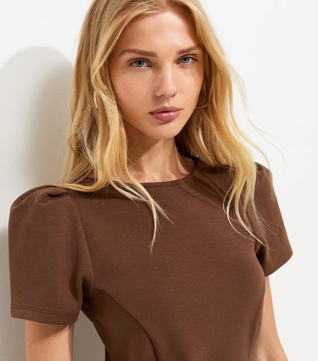New Look Women's Dark Brown Cotton Rich Ponte Short Sleeve Structured Shoulder Mini Dress New Look - 2