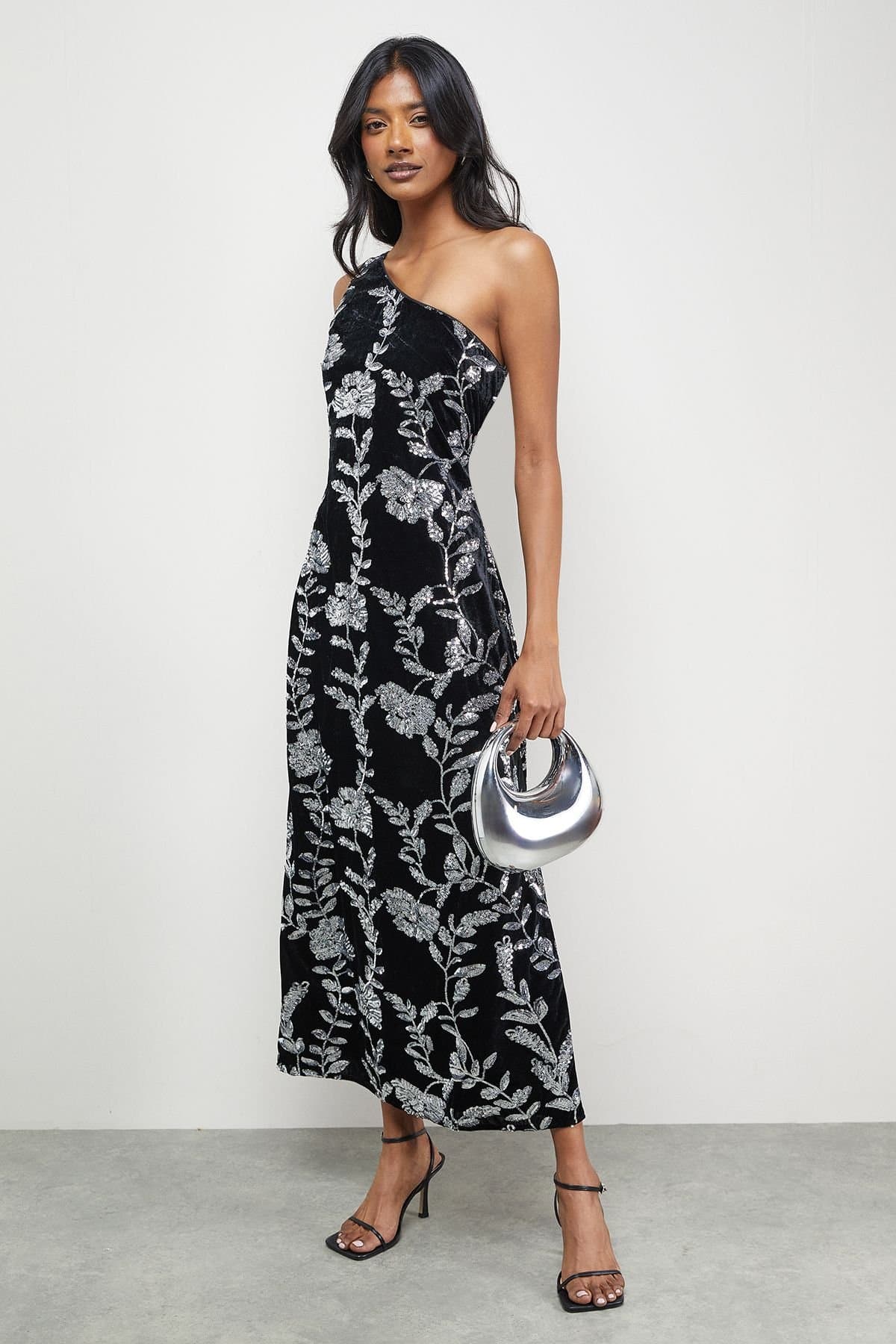 Warehouse Warehouse Women's Velvet Sequin One Shoulder Midi Dress in Silver