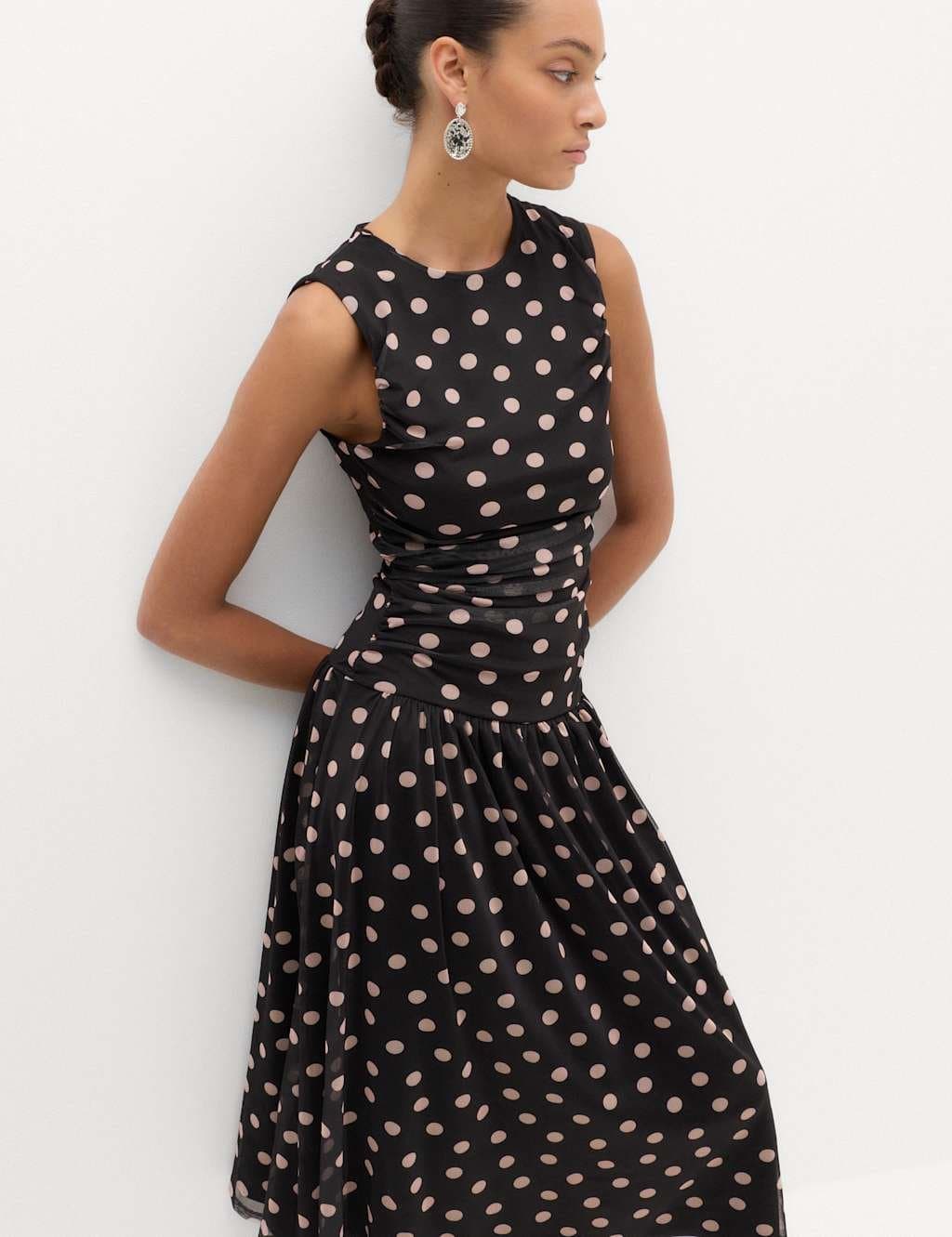 Marks & Spencer M&S Mesh Polka Dot Midi Dropped Waist Dress Black Mix