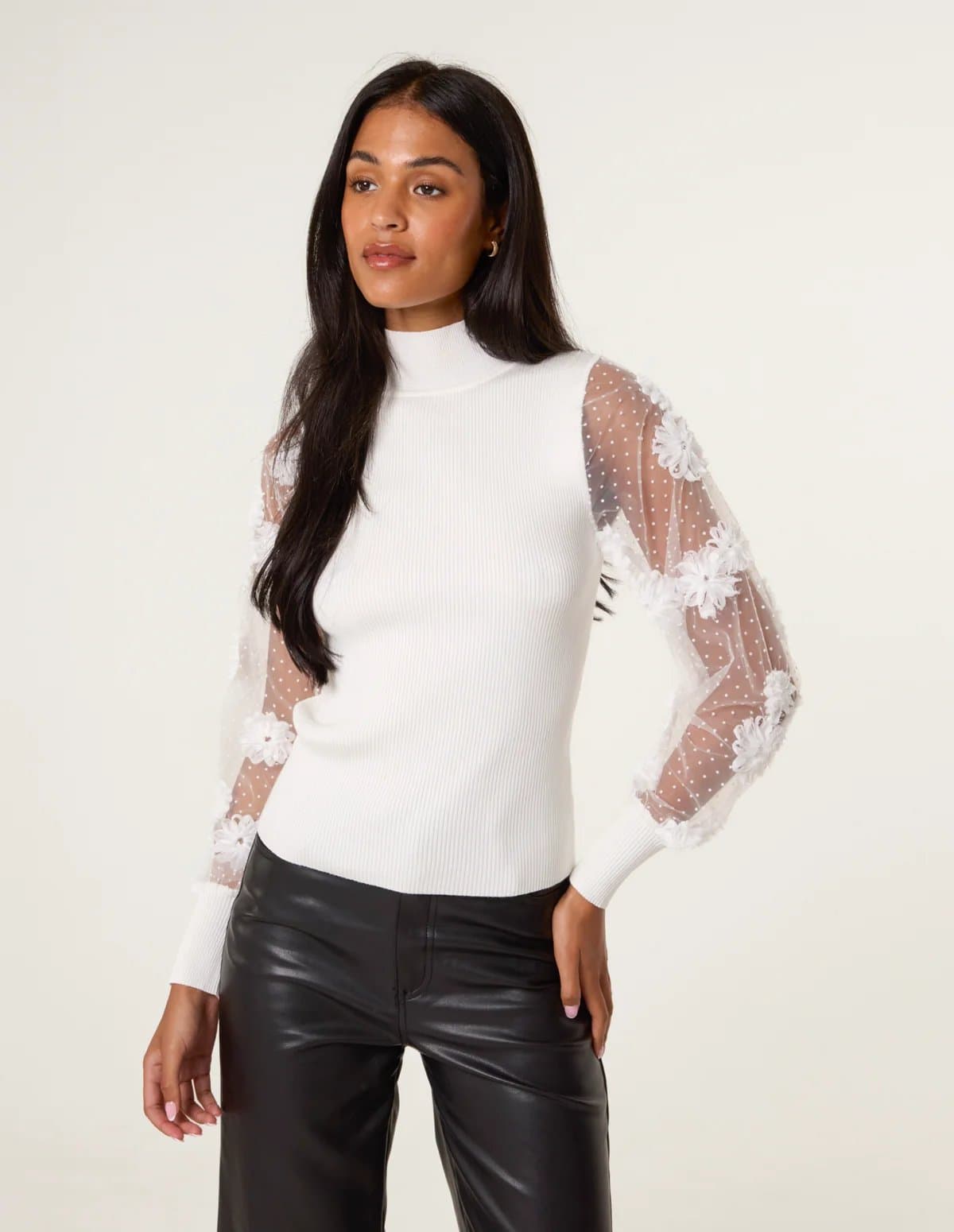 Blue Vanilla Turtle Neck Jumper With Mesh Polka Dot And Flower Detailed Sleeve