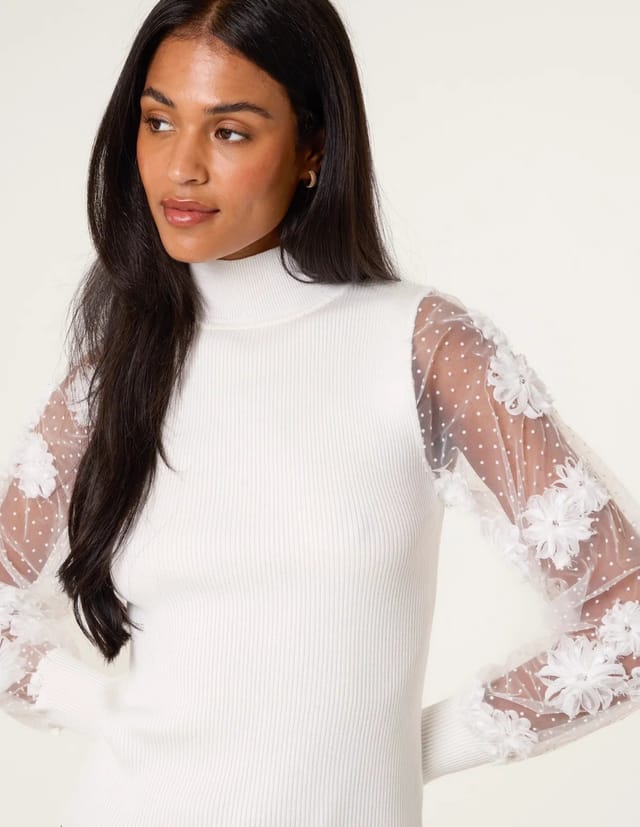 Blue Vanilla Turtle Neck Jumper With Mesh Polka Dot And Flower Detailed Sleeve - 2