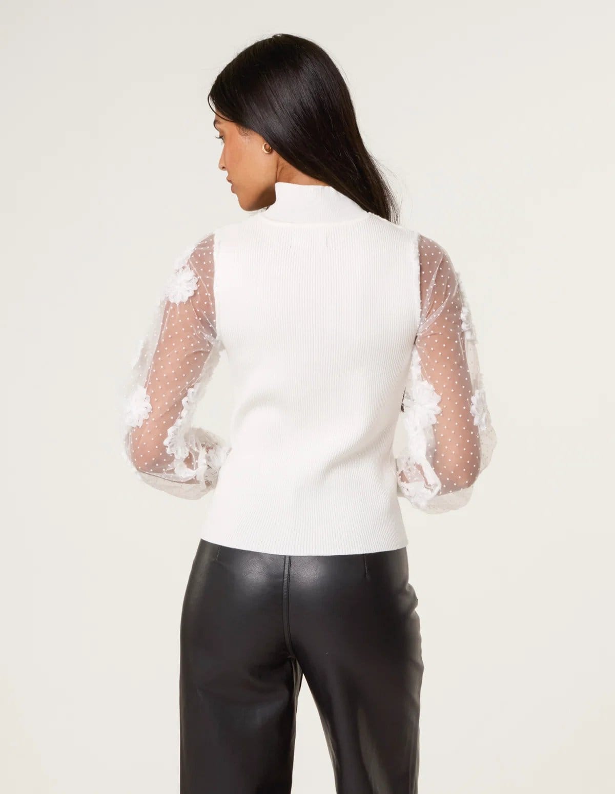 Blue Vanilla Turtle Neck Jumper With Mesh Polka Dot And Flower Detailed Sleeve - 4