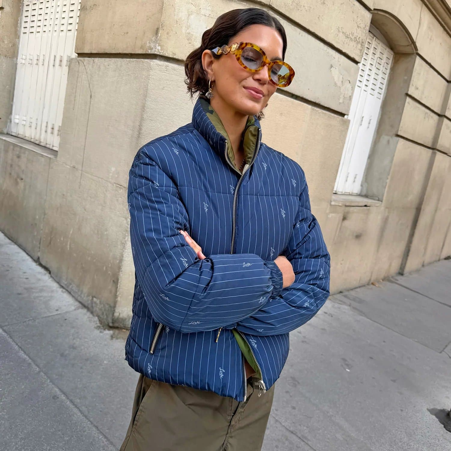 Never Fully Dressed Navy Pinstripe Reversible Puffer