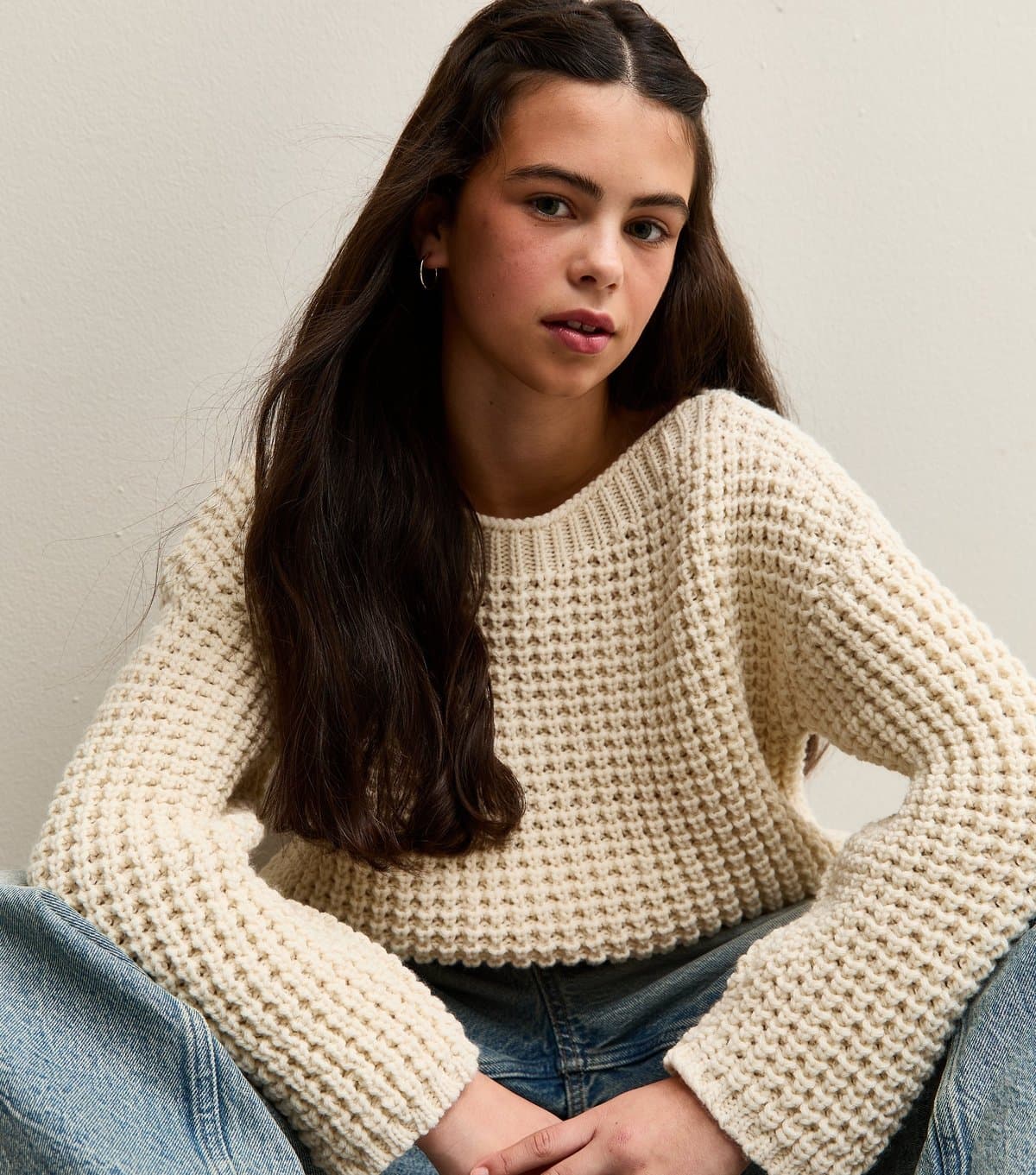 New Look Girls' Off White Moss Stitch Slash Neck Jumper New Look