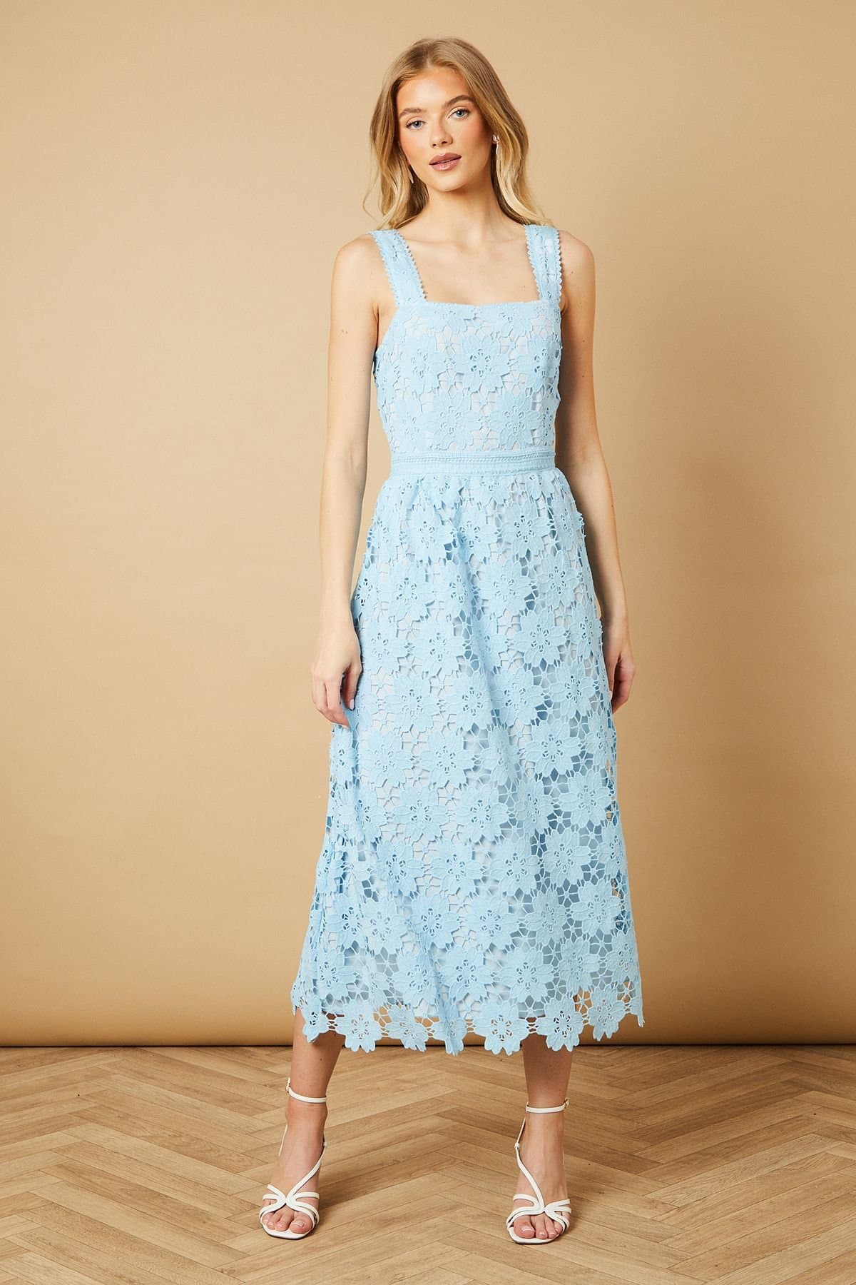 Oasis Oasis Women's Floral Lace Detail Square Neck Midi Dress in Sky Blue