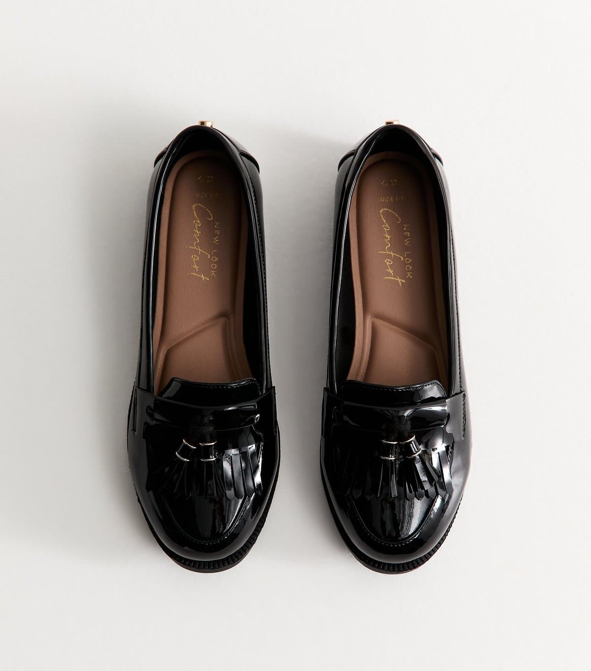 New Look Women's Wide Fit Black Faux Patent Leather Loafers Vegan New Look