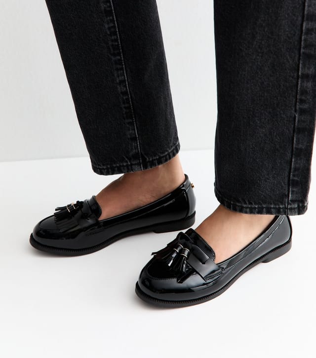 New Look Women's Wide Fit Black Faux Patent Leather Loafers Vegan New Look - 2
