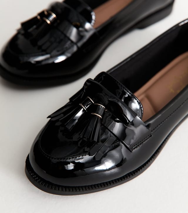 New Look Women's Wide Fit Black Faux Patent Leather Loafers Vegan New Look - 3