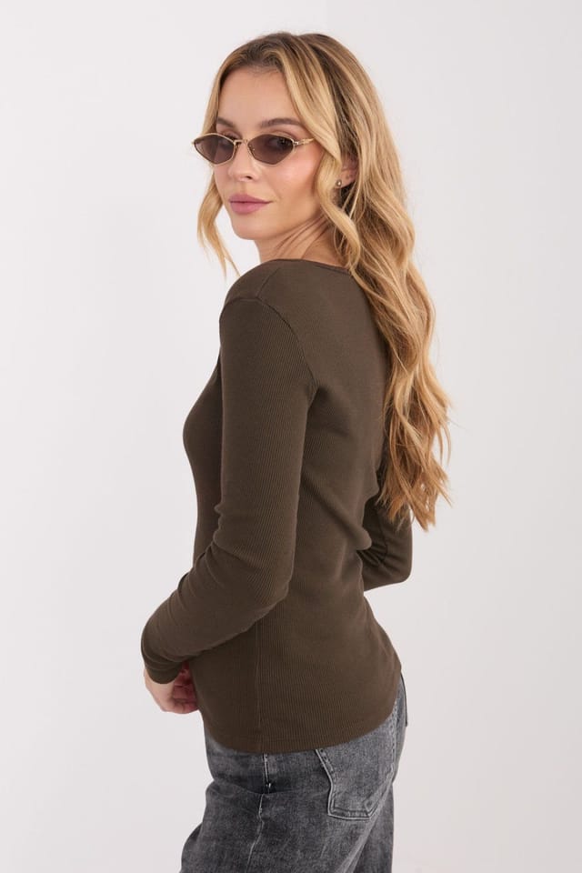 Love Lace Love Lace Women's Ribbed V Neck Long Sleeve Fitted Blouse Style 224736 in Brown - 3