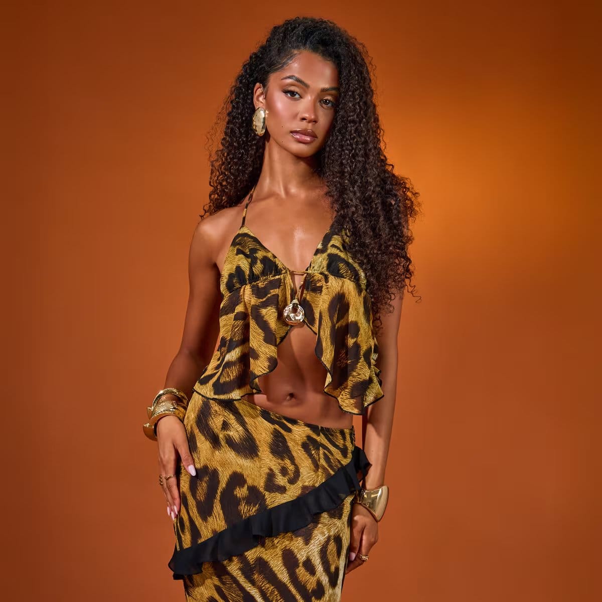 Halterneck Trim Detail Floaty Top In Brown Leopard Print, Women's Size UK 6