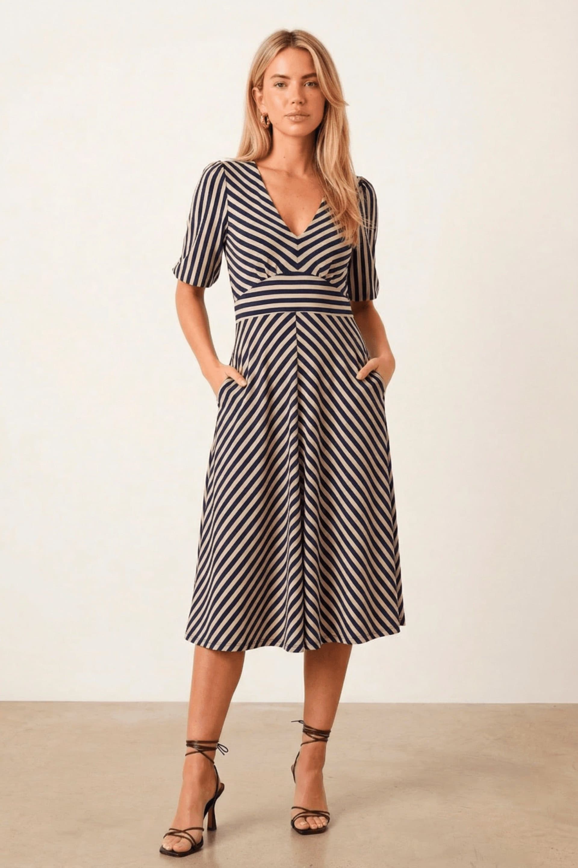 Style Cheat Style Cheat Women's Navy Stripe V-neck Midi Dress
