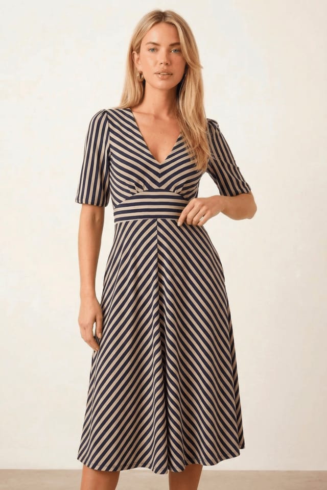 Style Cheat Style Cheat Women's Navy Stripe V-neck Midi Dress - 2