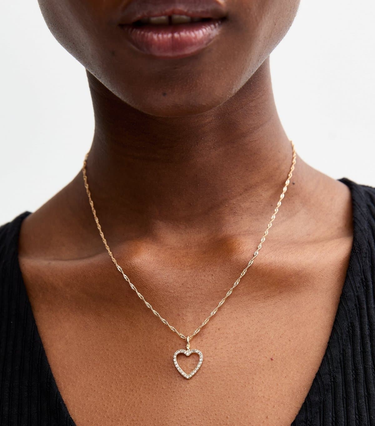 New Look Gold Tone Twist Chain Diamanté Heart Charm Necklace New Look