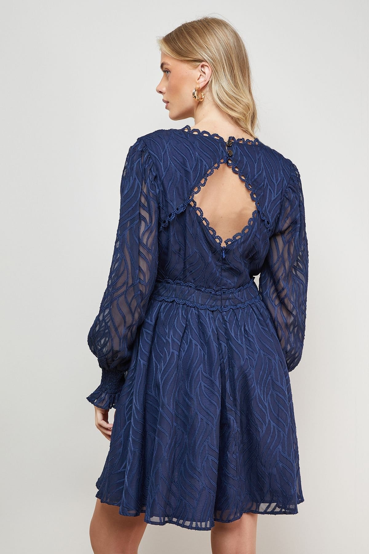 Oasis Oasis Women's Animal Jacquard Trim Detail Balloon Sleeve Mini Dress in Navy - 4